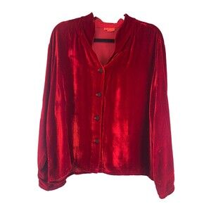 Tianello Blouse Red Velvet Silk Rayon Mandarin Collar Romantic Button Relaxed XL